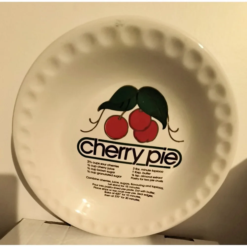 Vintage Ceramic Cherry Pie Recipe Plate Scalloped Rim Baking Dish White Red